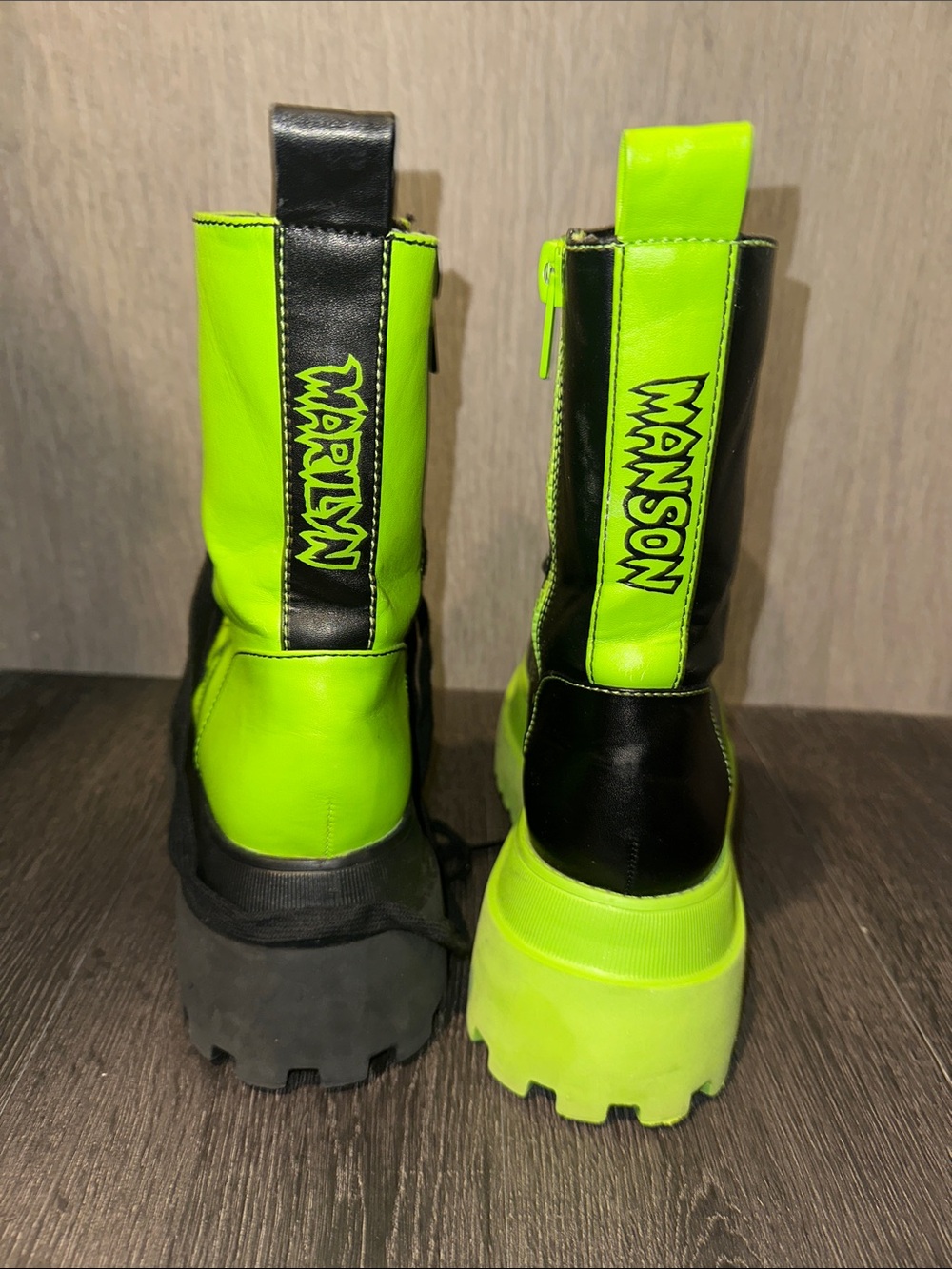 Marilyn Manson Neon Green and Black Platform Lace-Up Boots